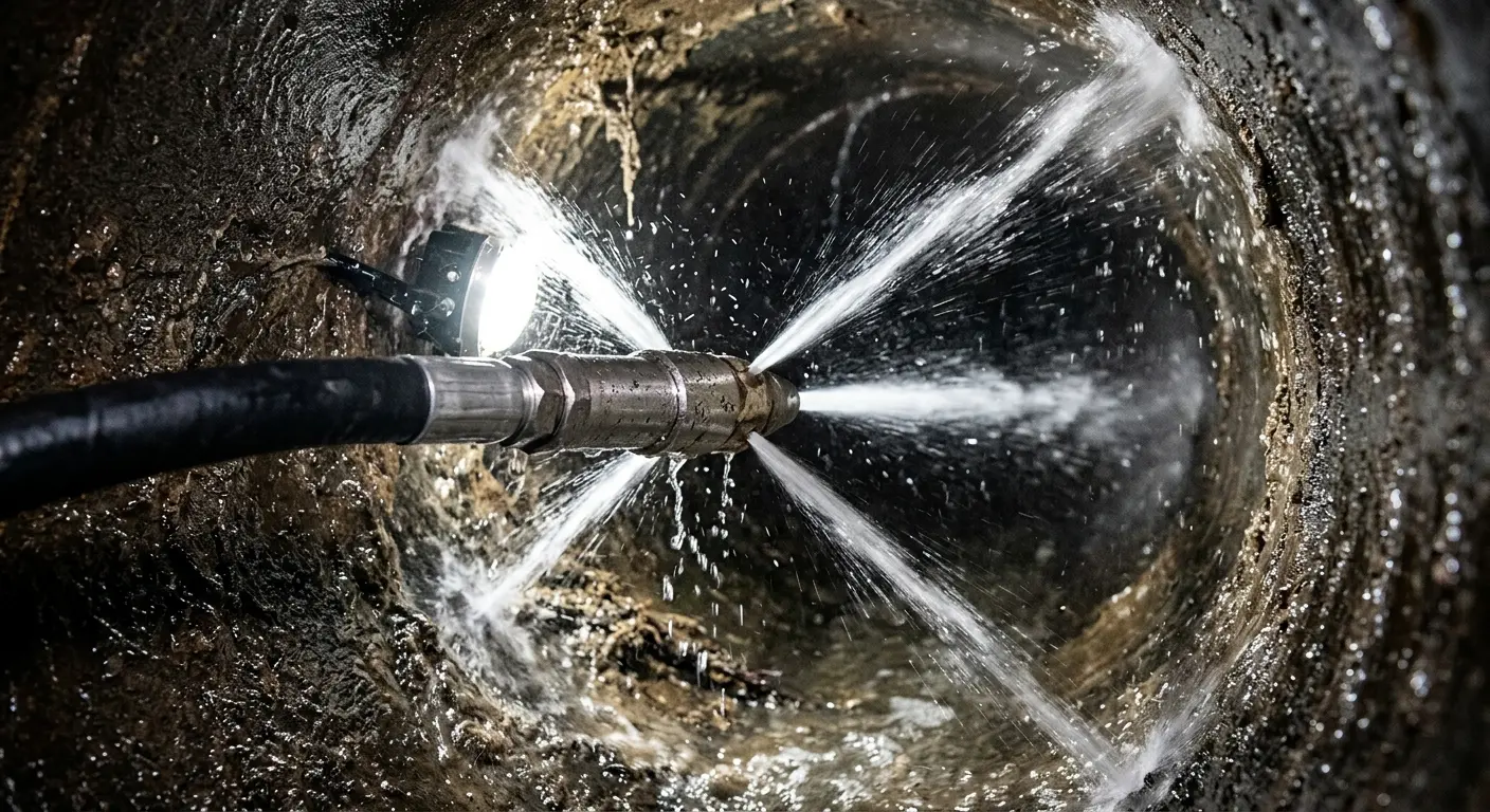 High-pressure hydro jetting nozzle cleaning sewer pipe for Emergency Drain Service in Pinewood
