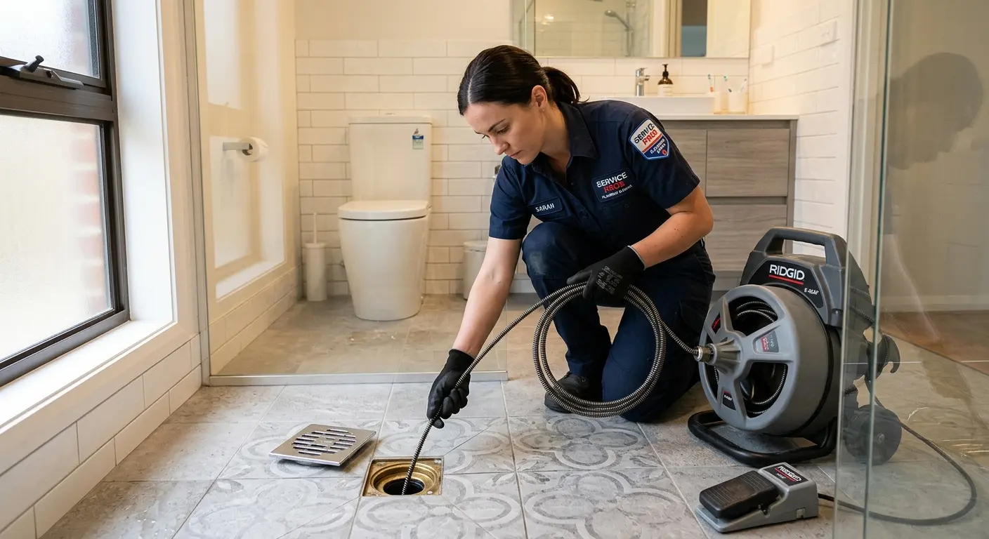 Technician clearing a bathroom floor drain for Hydro Jetting in Pinewood